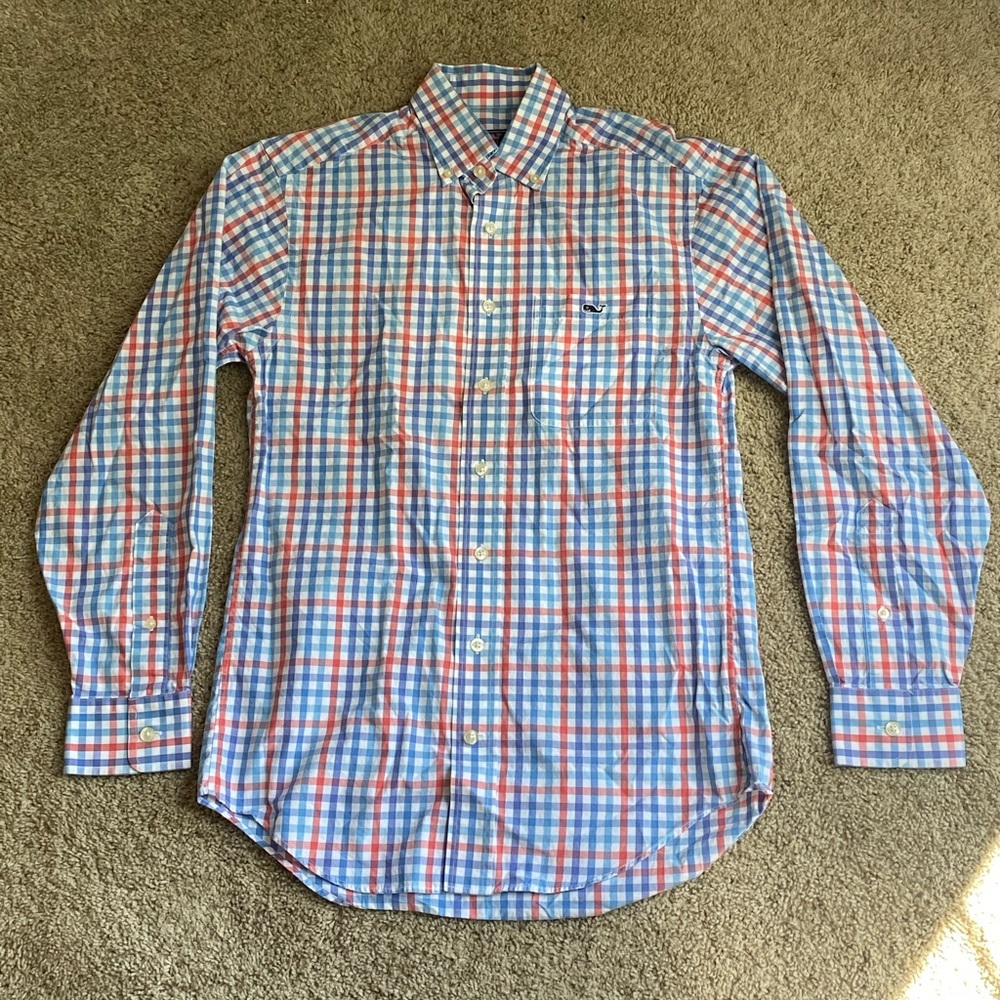 Orange and Blue Checkered Vineyard Vines Tucker Shirt — size XS — 100% Cotton